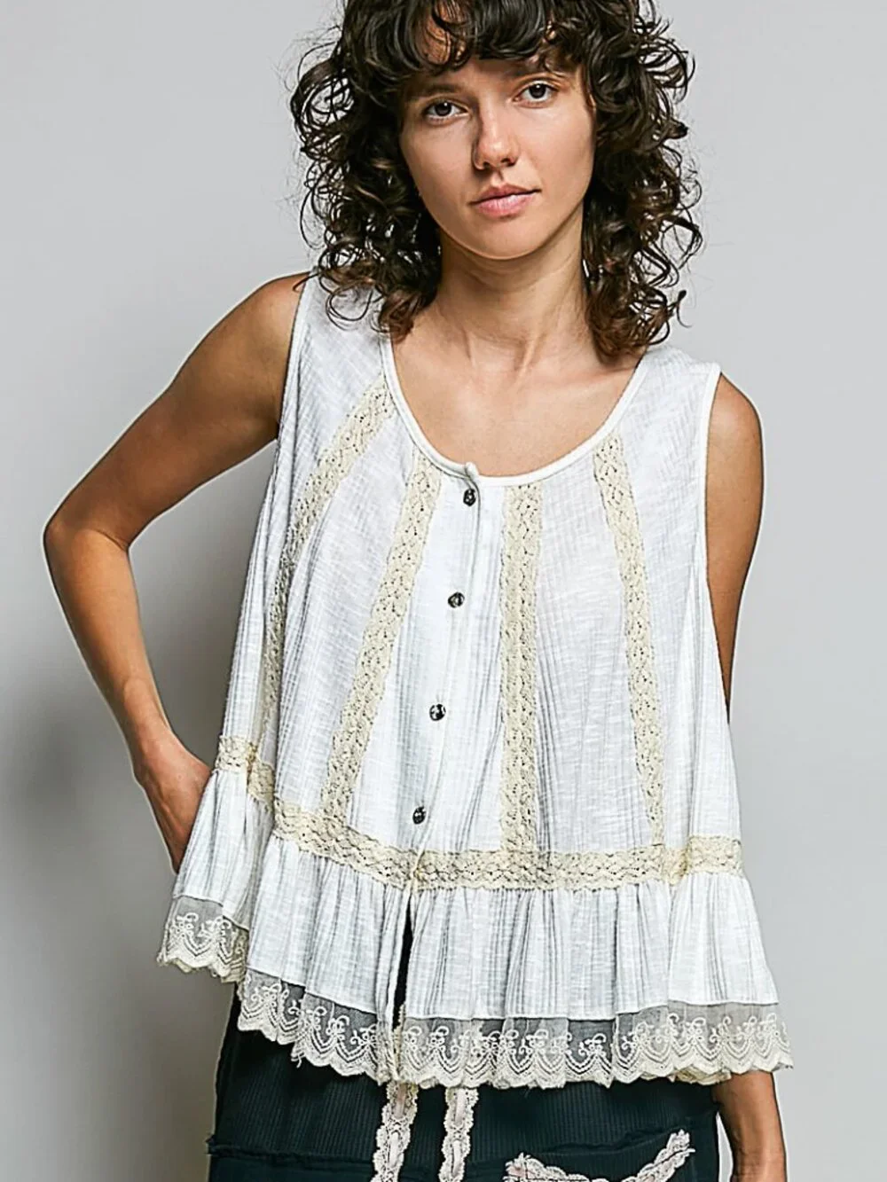 ROUND NECK BUTTON DOWN TANK BY POL WITH RUFFLES AND LACE - Picture 1 of 2